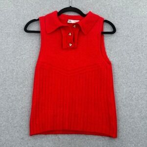 ZARA Knit Polo Women Medium Red Preppy Rhinestone Button Sleeveless Sweater Top